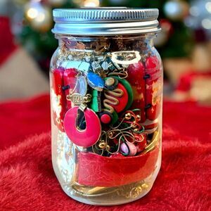 Vintage Mystery Jewelry Jar Red & Gold Whimsical Festive Holiday Lot